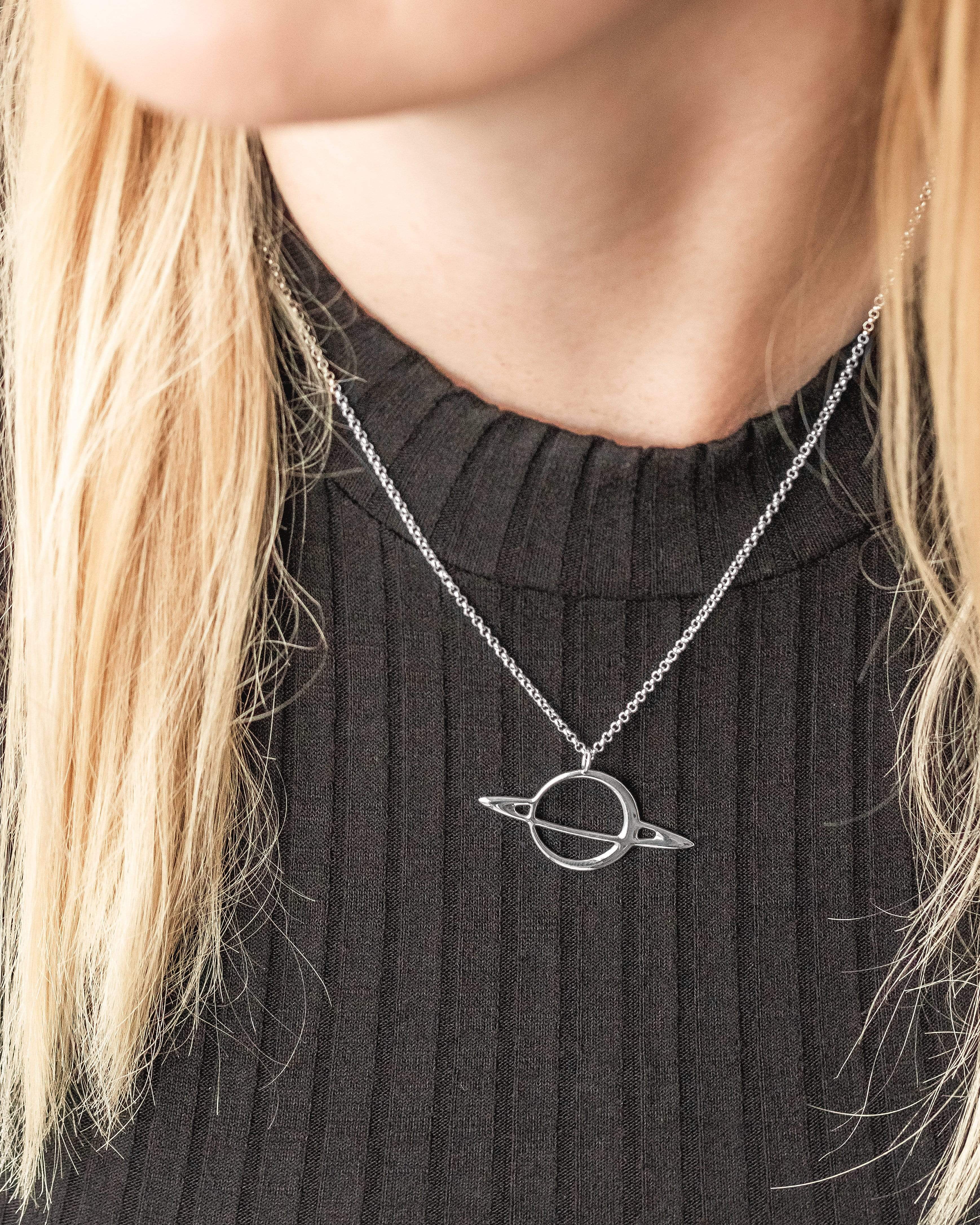 925 Sterling Silver Gold Plated Saturn Necklace in Black Colour - Etsy